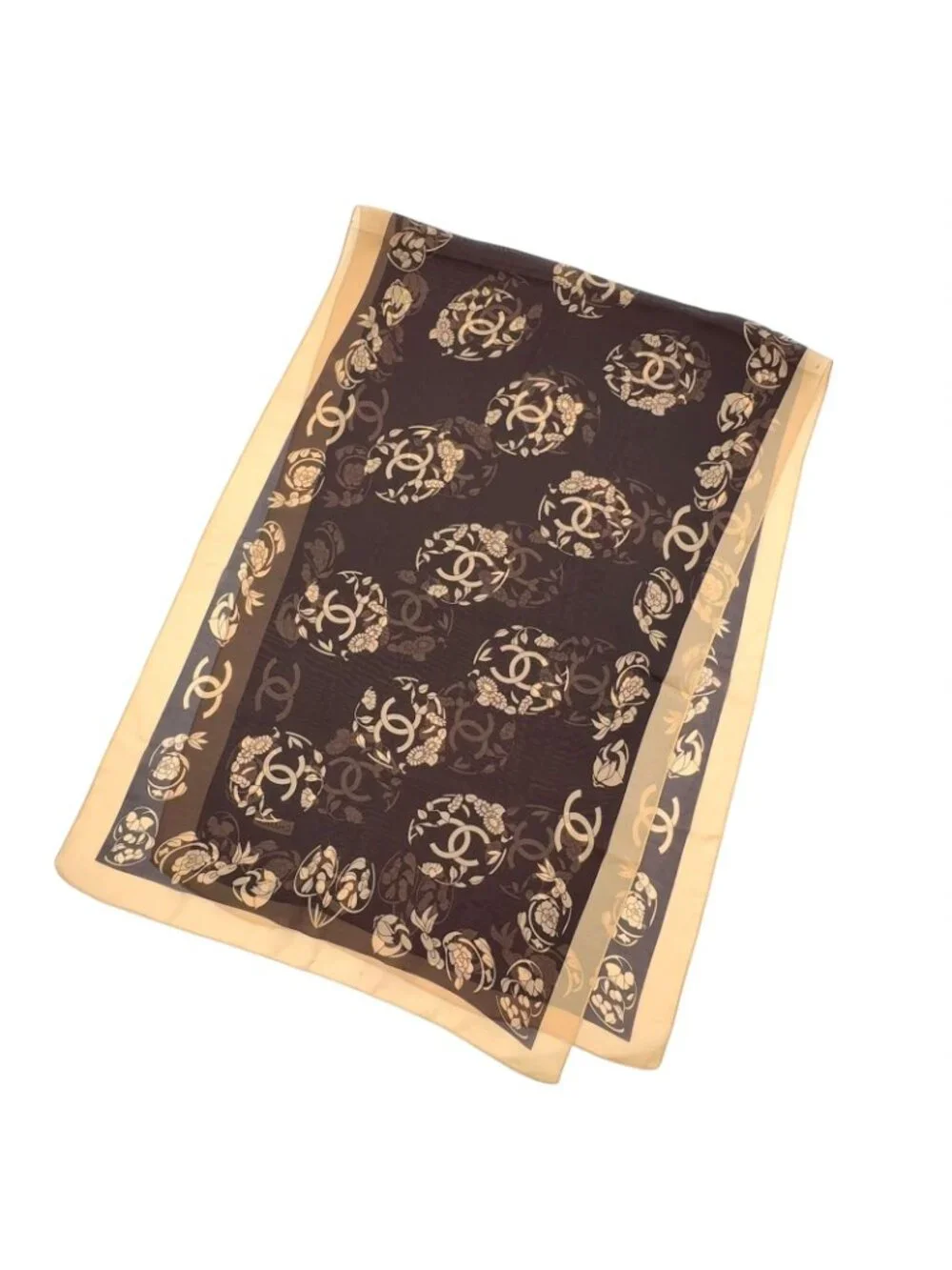 Chanel CC Logo Flower Motif Silk Brown Beige Scarf